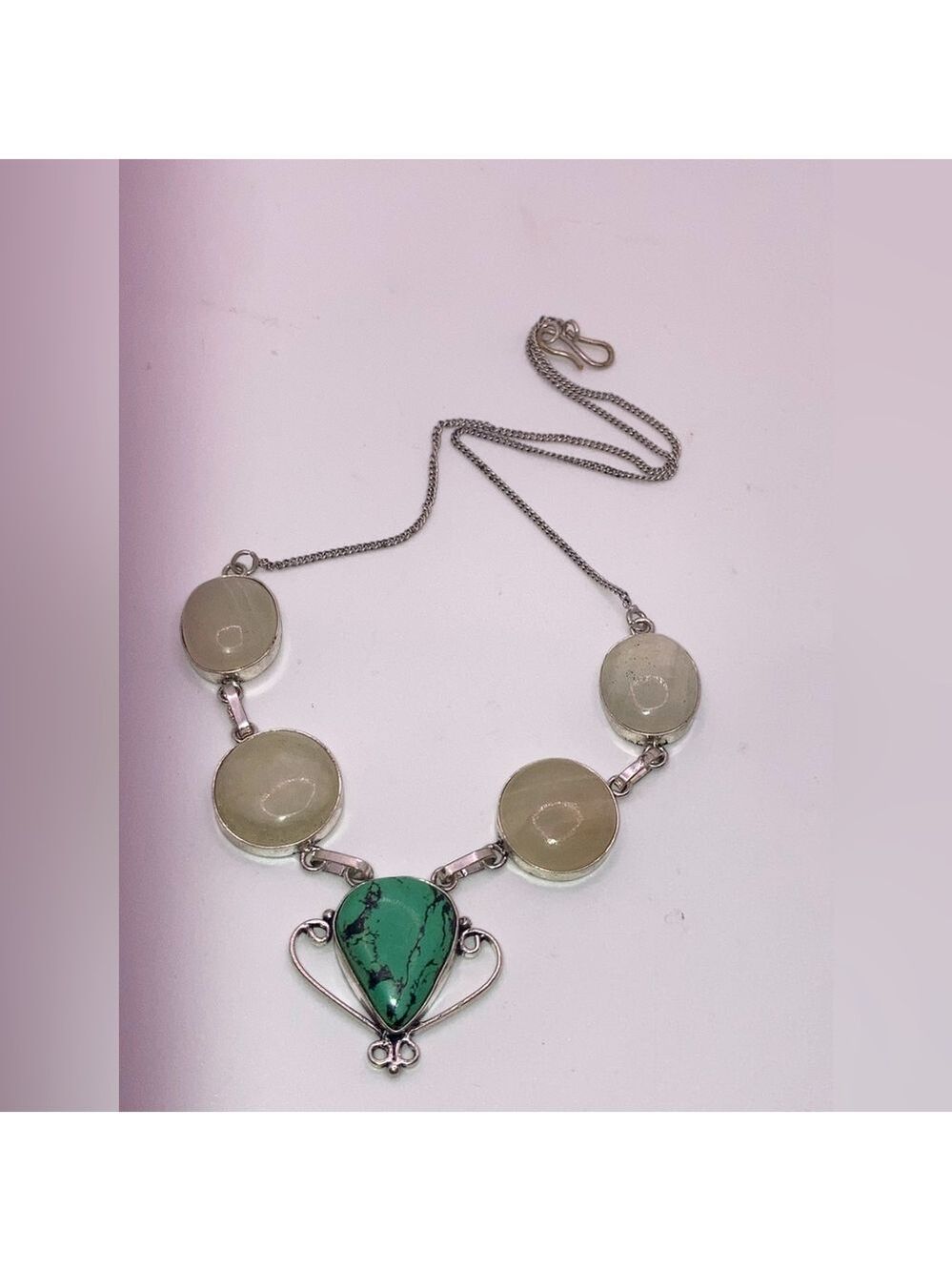 Vtg Banded Agate & Faux Turquoise Silver Tone Necklace 19” + 1.3”
